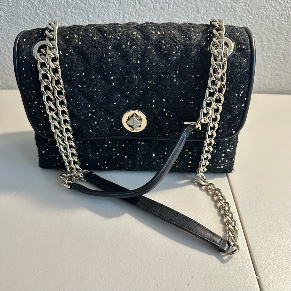 KATE SPADE NATALIA MEDIUM TWEETED FLAP SHOUDLER BAG BLACK